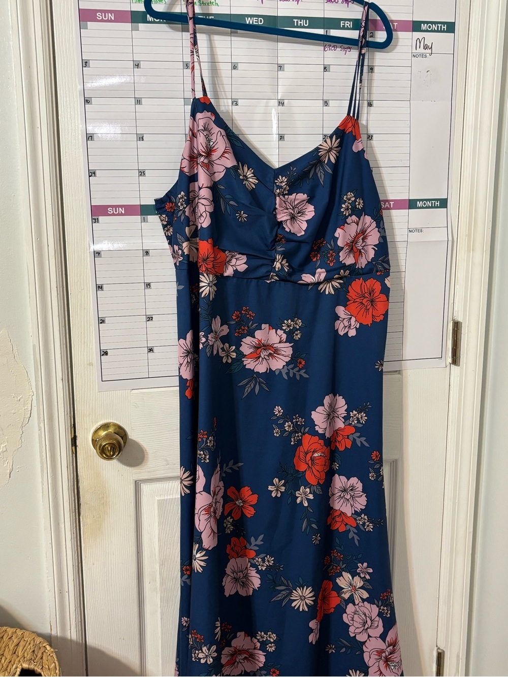 SHEIN Navy Floral Spaghetti-Strap Chemise with Pink & Red Blooms